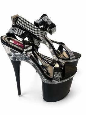 Golden Bulls Black Slim Stiletto 8" Heel Rhinestone Harness Strap Platform Shoes